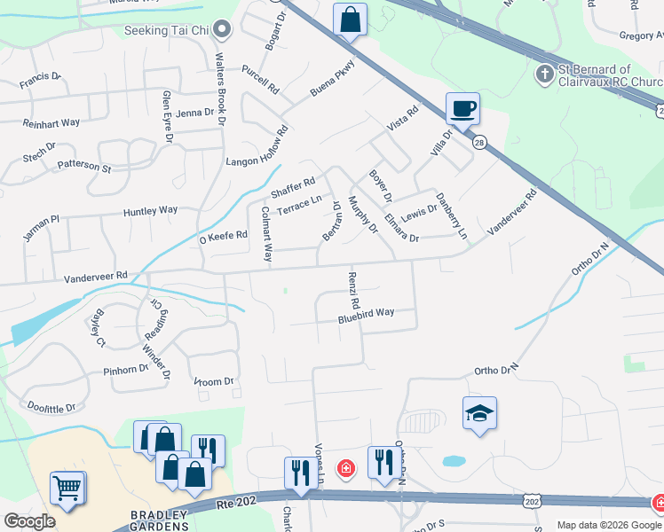 map of restaurants, bars, coffee shops, grocery stores, and more near 443 Vanderveer Road in Raritan