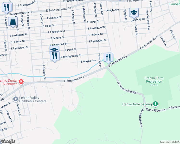 map of restaurants, bars, coffee shops, grocery stores, and more near 824 East Emmaus Avenue in Allentown