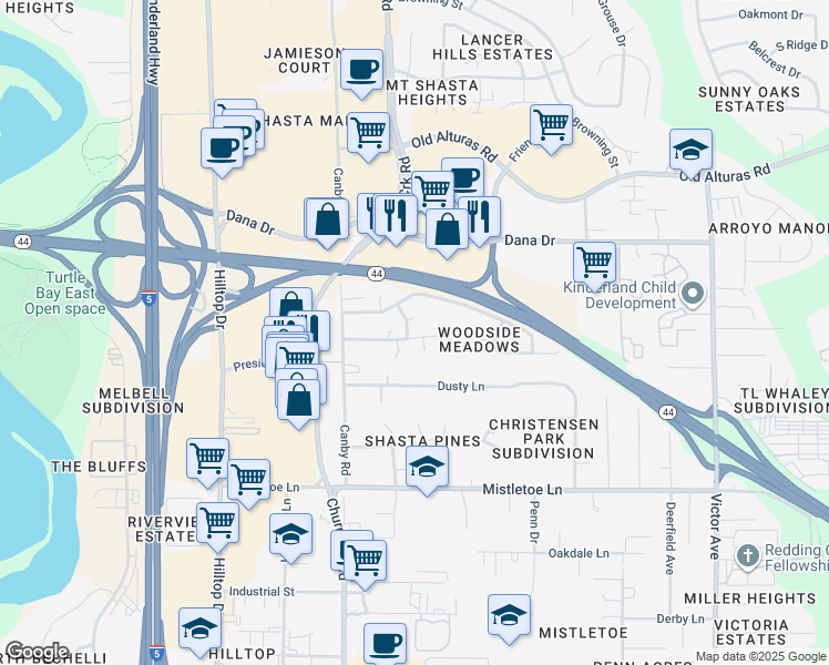 map of restaurants, bars, coffee shops, grocery stores, and more near 1201 Hawthorne Avenue in Redding