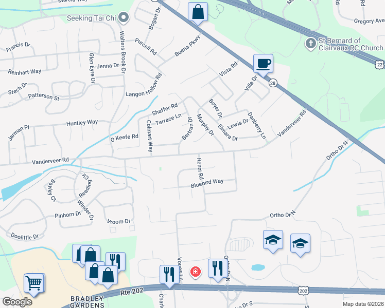 map of restaurants, bars, coffee shops, grocery stores, and more near 443 Vanderveer Road in Raritan