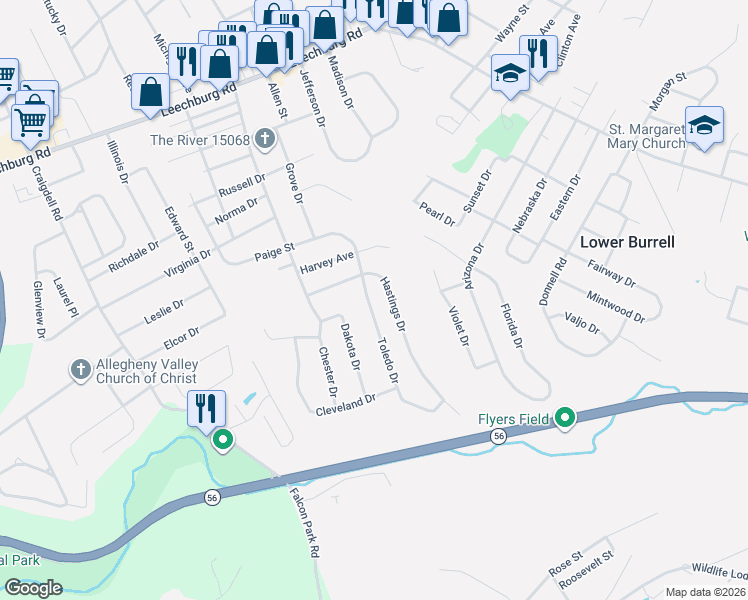 map of restaurants, bars, coffee shops, grocery stores, and more near 452 Toledo Drive in New Kensington