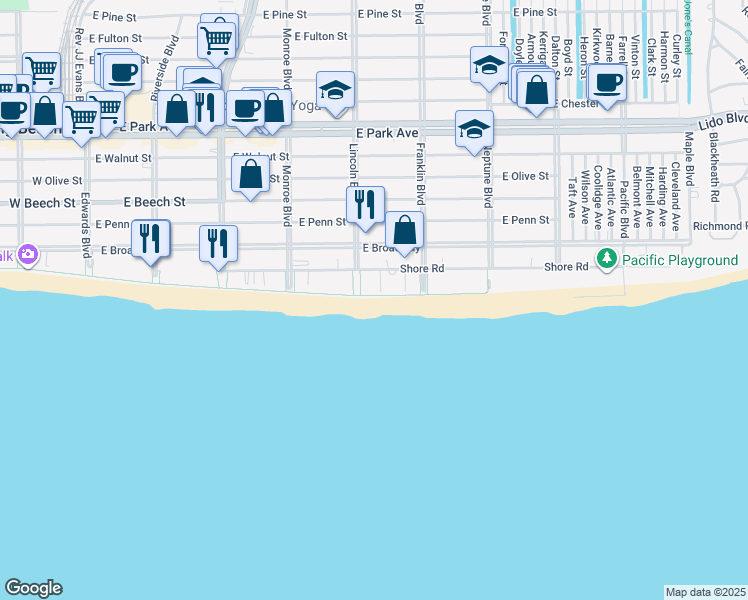 map of restaurants, bars, coffee shops, grocery stores, and more near 403 East Boardwalk in Long Beach