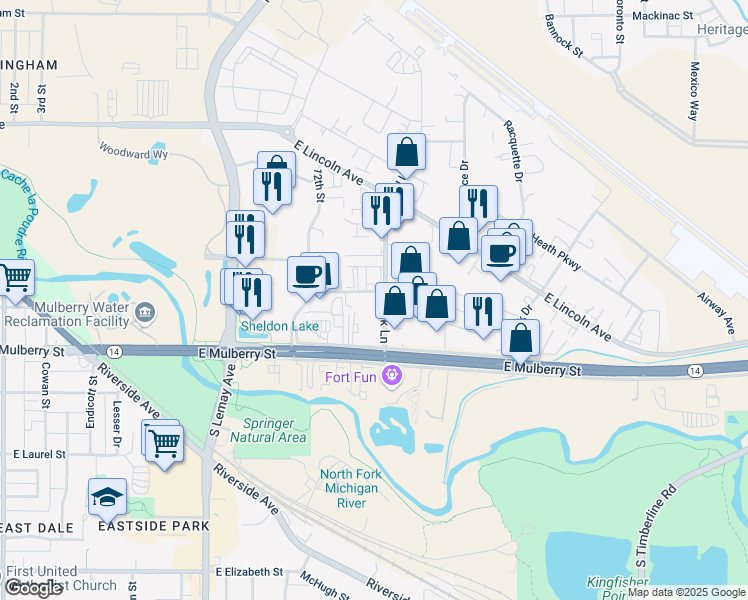 map of restaurants, bars, coffee shops, grocery stores, and more near 417 North Link Lane in Fort Collins