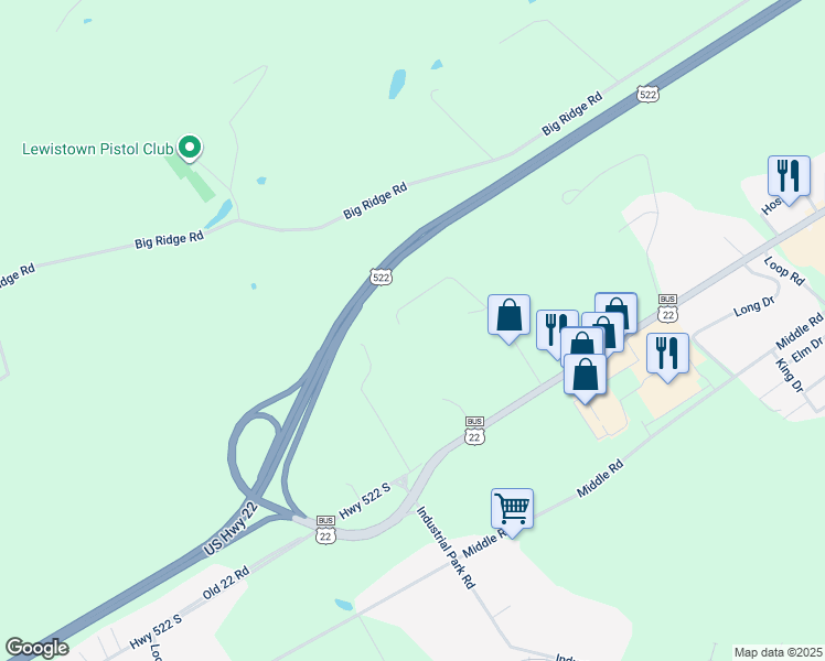 map of restaurants, bars, coffee shops, grocery stores, and more near 258 Cliffside Drive in Lewistown
