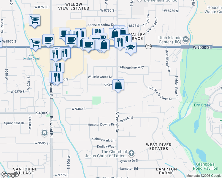 map of restaurants, bars, coffee shops, grocery stores, and more near 9290 Temple Drive in West Jordan