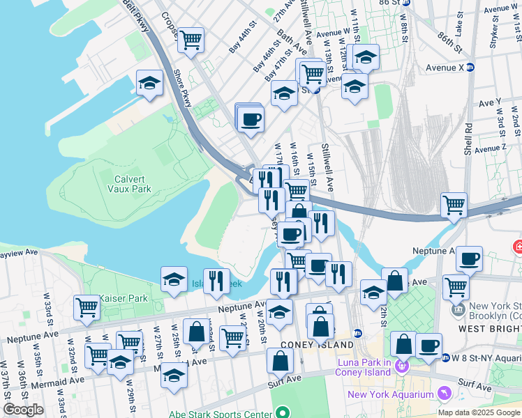 map of restaurants, bars, coffee shops, grocery stores, and more near 130 Bay 53rd Street in Brooklyn