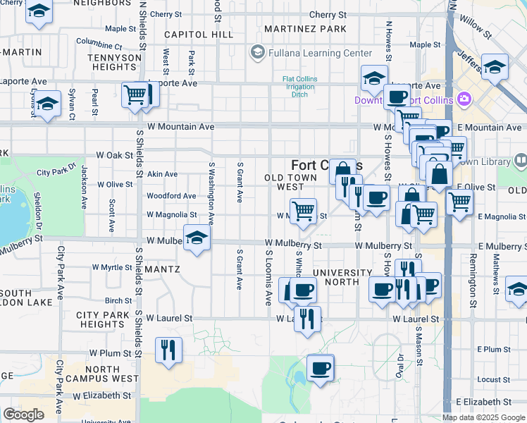 map of restaurants, bars, coffee shops, grocery stores, and more near 409 South Loomis Avenue in Fort Collins