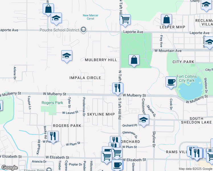 map of restaurants, bars, coffee shops, grocery stores, and more near 420 Briarwood Road in Fort Collins