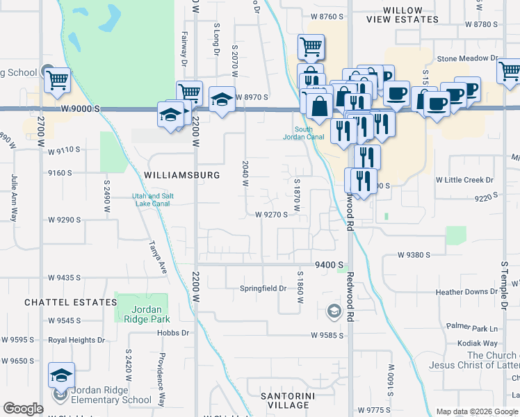 map of restaurants, bars, coffee shops, grocery stores, and more near 2029 West 9270 South in West Jordan