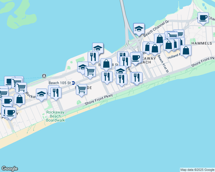 map of restaurants, bars, coffee shops, grocery stores, and more near 333E Beach 102nd Street in Queens