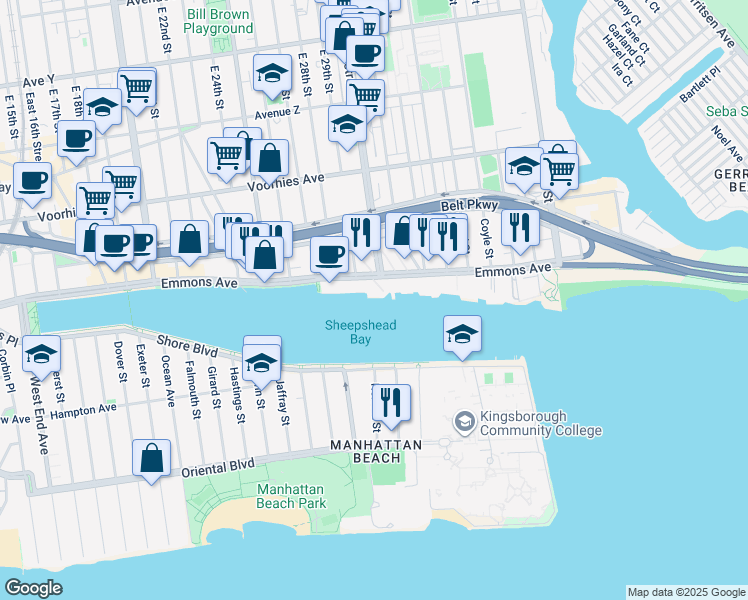 map of restaurants, bars, coffee shops, grocery stores, and more near 2816 Emmons Avenue in Brooklyn