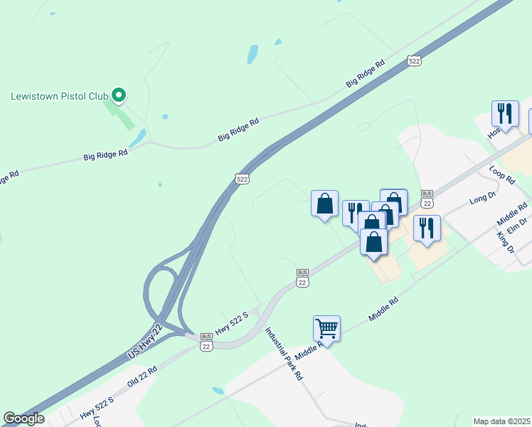 map of restaurants, bars, coffee shops, grocery stores, and more near 258 Cliffside Drive in Lewistown