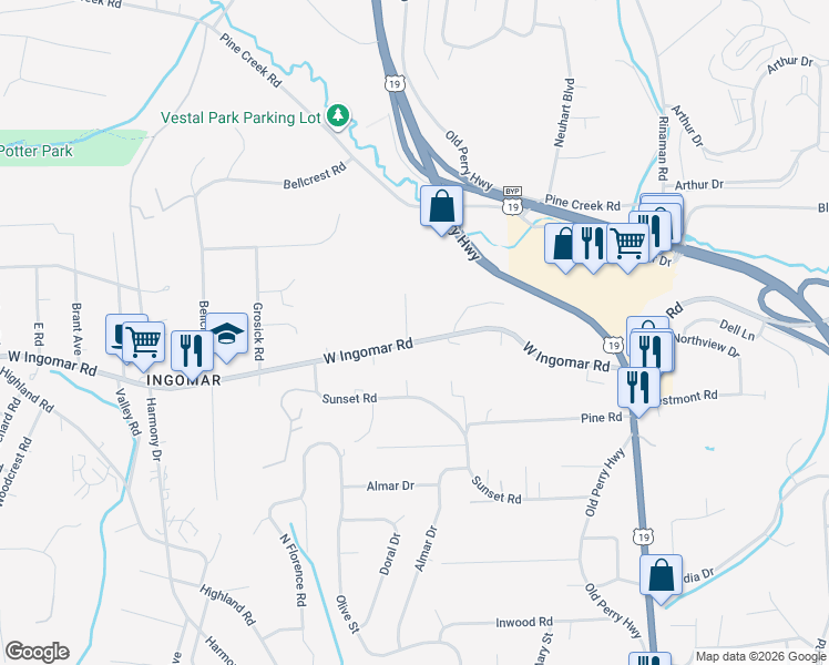 map of restaurants, bars, coffee shops, grocery stores, and more near 281 West Ingomar Road in Pittsburgh
