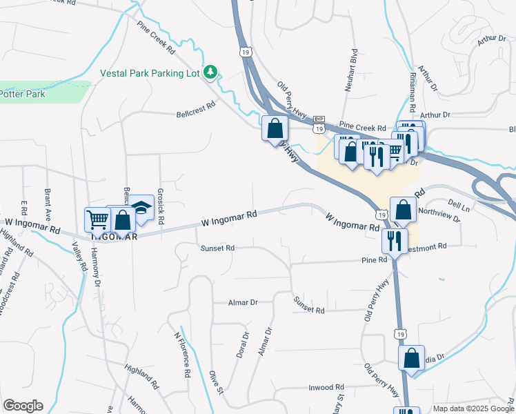 map of restaurants, bars, coffee shops, grocery stores, and more near 281 West Ingomar Road in Pittsburgh