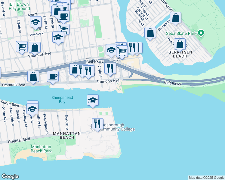map of restaurants, bars, coffee shops, grocery stores, and more near 3001 Bragg Street in Brooklyn