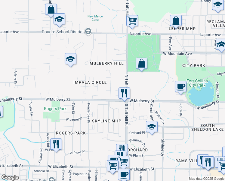 map of restaurants, bars, coffee shops, grocery stores, and more near 420 Briarwood Road in Fort Collins