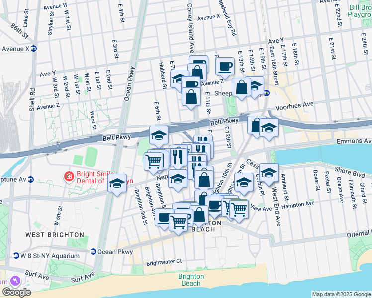 map of restaurants, bars, coffee shops, grocery stores, and more near 720 Brighton 8th Street in Brooklyn
