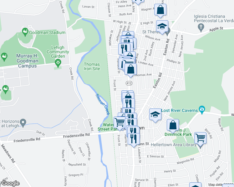 map of restaurants, bars, coffee shops, grocery stores, and more near 1037 Front Street in Hellertown