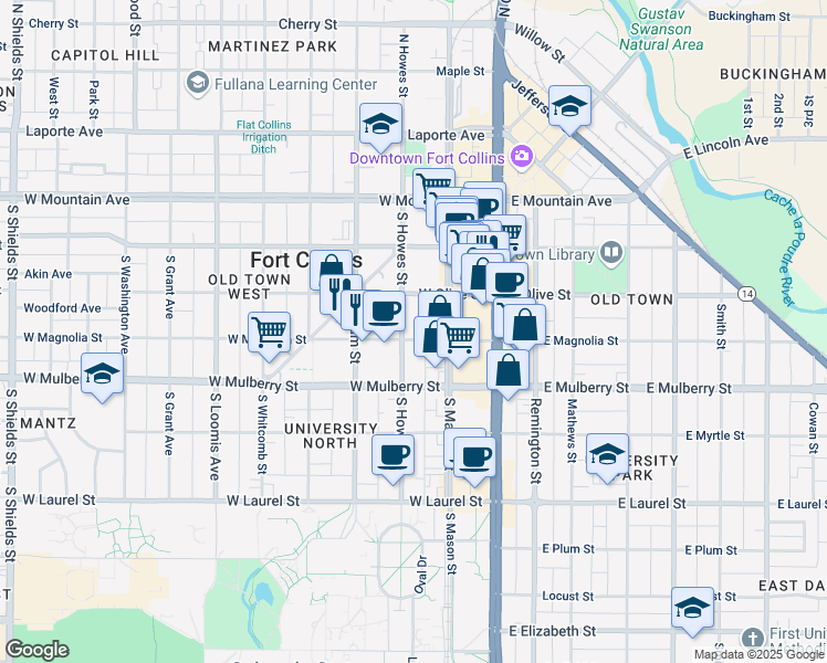 map of restaurants, bars, coffee shops, grocery stores, and more near 417 South Howes Street in Fort Collins