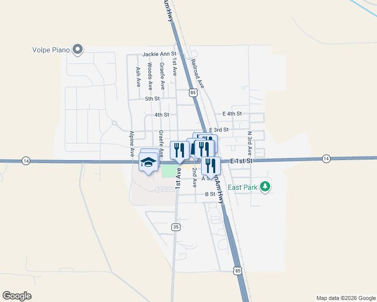 map of restaurants, bars, coffee shops, grocery stores, and more near in Ault