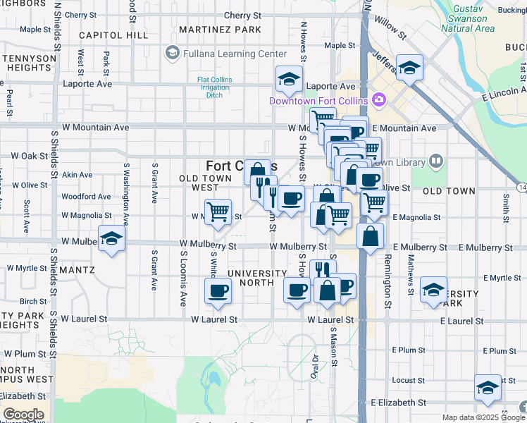 map of restaurants, bars, coffee shops, grocery stores, and more near 331 South Meldrum Street in Fort Collins