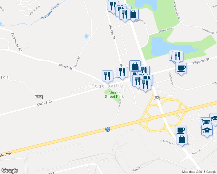 map of restaurants, bars, coffee shops, grocery stores, and more near 918 Church Street in Fogelsville