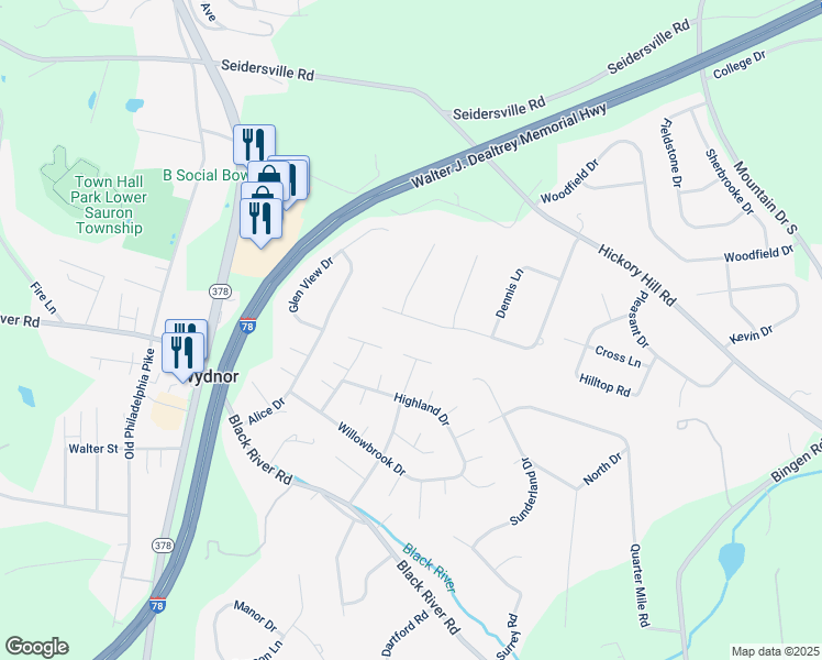 map of restaurants, bars, coffee shops, grocery stores, and more near 1515 Highland Court in Bethlehem