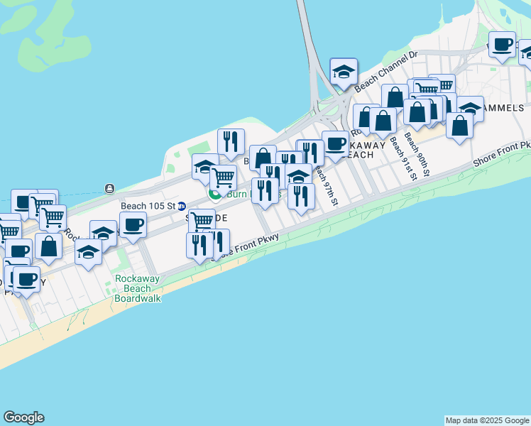 map of restaurants, bars, coffee shops, grocery stores, and more near 101-19 Rockaway Beach Boulevard in Queens