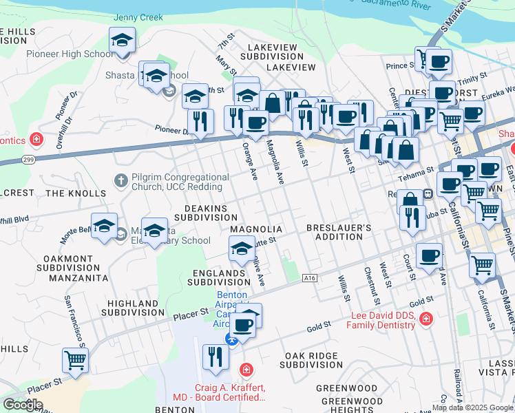 map of restaurants, bars, coffee shops, grocery stores, and more near 1322 Orange Avenue in Redding