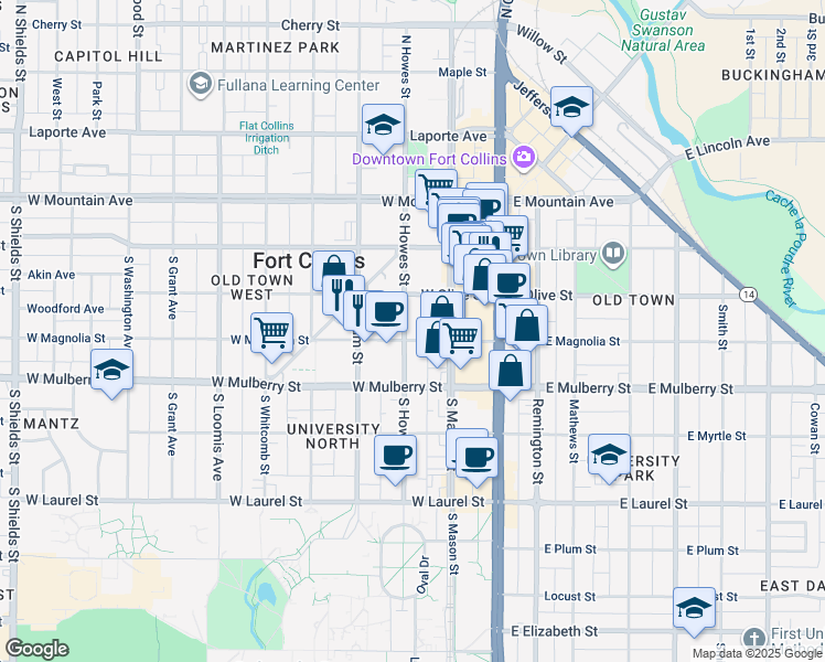 map of restaurants, bars, coffee shops, grocery stores, and more near 417 South Howes Street in Fort Collins