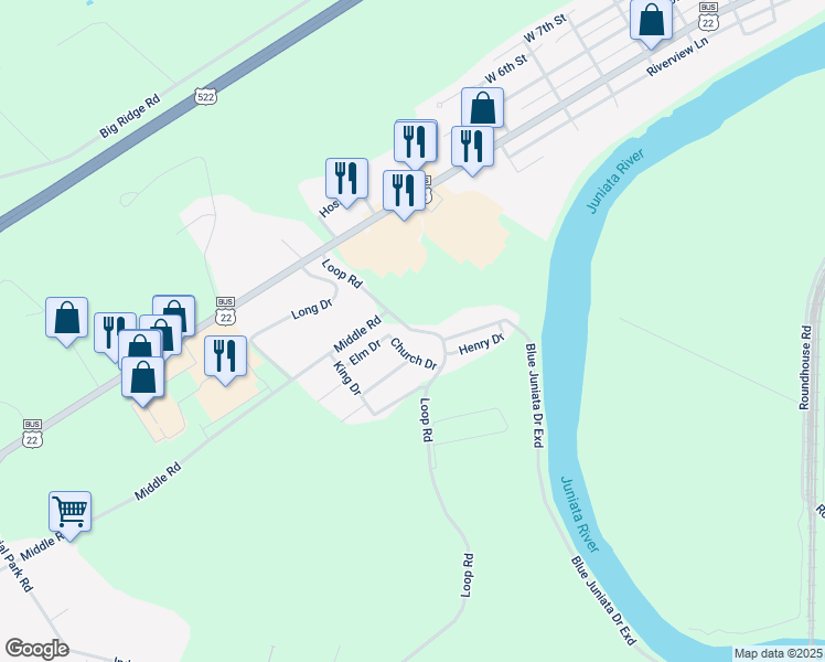 map of restaurants, bars, coffee shops, grocery stores, and more near Loop Road in Lewistown