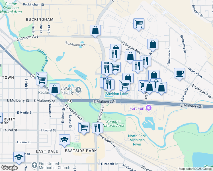 map of restaurants, bars, coffee shops, grocery stores, and more near 1251 East Magnolia Street in Fort Collins