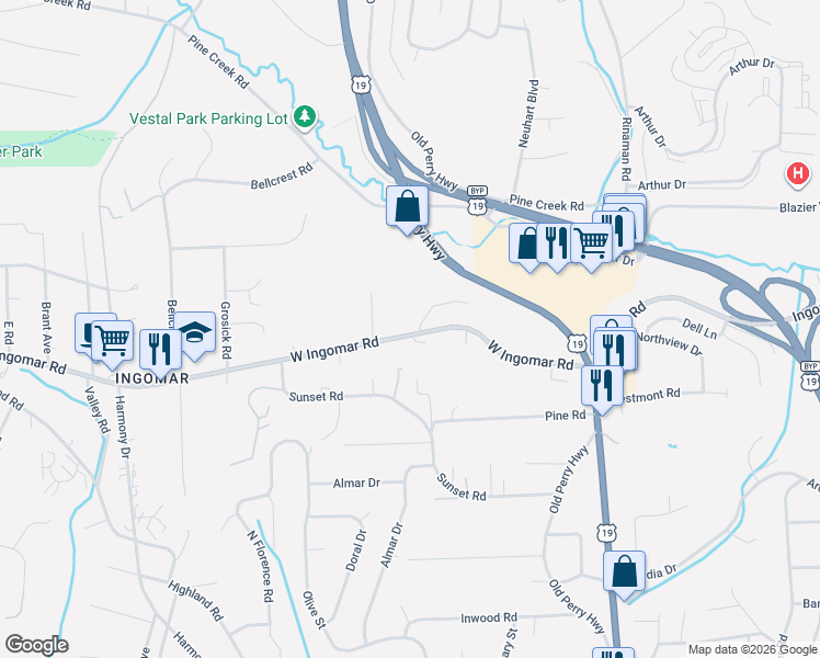 map of restaurants, bars, coffee shops, grocery stores, and more near 251 West Ingomar Road in Pittsburgh