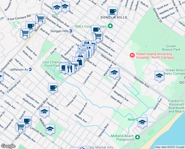 map of restaurants, bars, coffee shops, grocery stores, and more near 87 Slater Boulevard in Staten Island