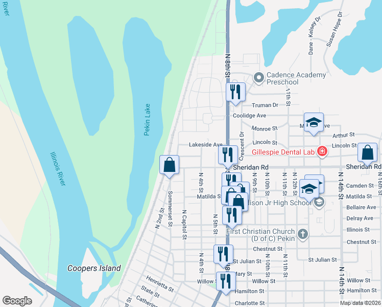 map of restaurants, bars, coffee shops, grocery stores, and more near 307 Sheridan Road in Pekin