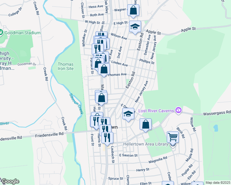 map of restaurants, bars, coffee shops, grocery stores, and more near 125 East Chestnut Street in Hellertown