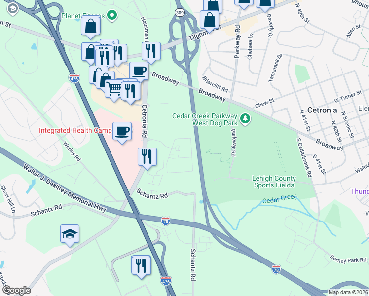 map of restaurants, bars, coffee shops, grocery stores, and more near Highway 309 in Allentown