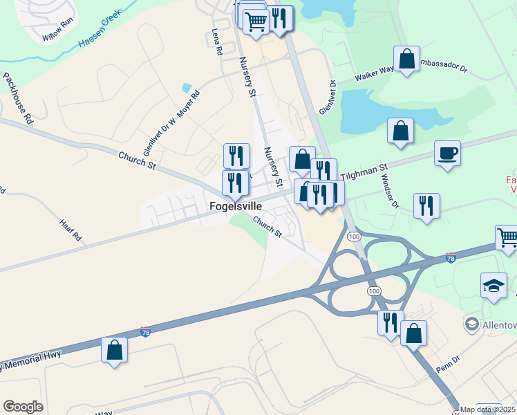 map of restaurants, bars, coffee shops, grocery stores, and more near 7828 Main Street in Fogelsville