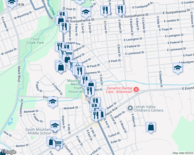 map of restaurants, bars, coffee shops, grocery stores, and more near 215-219 West Wabash Street in Allentown