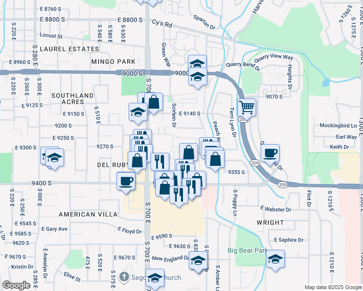 map of restaurants, bars, coffee shops, grocery stores, and more near 783 Newfield Drive in Sandy