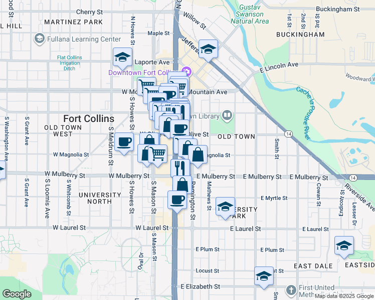 map of restaurants, bars, coffee shops, grocery stores, and more near 460 South College Avenue in Fort Collins