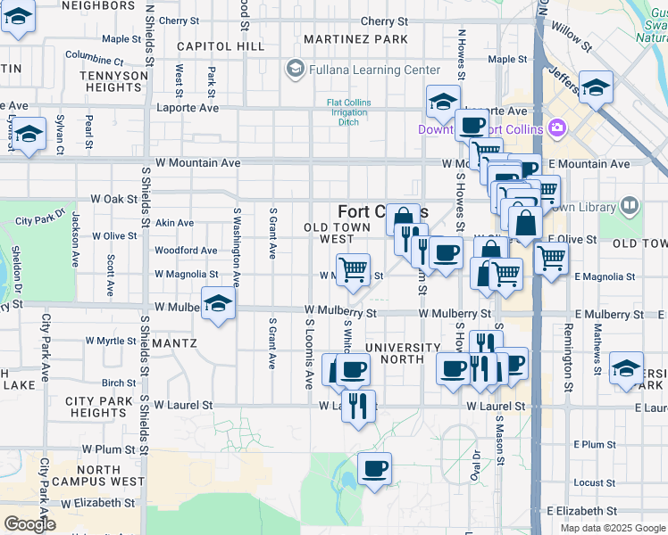 map of restaurants, bars, coffee shops, grocery stores, and more near 619 West Magnolia Street in Fort Collins