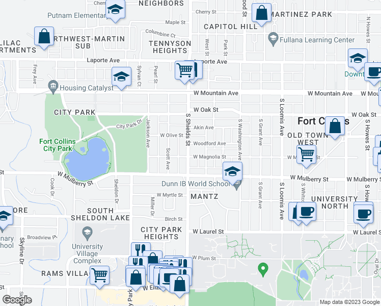 map of restaurants, bars, coffee shops, grocery stores, and more near 1124 West Magnolia Street in Fort Collins