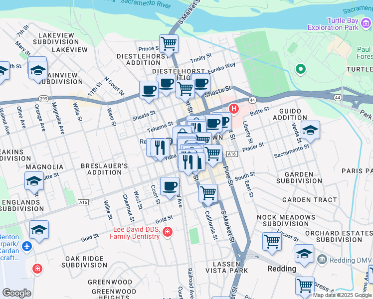 map of restaurants, bars, coffee shops, grocery stores, and more near 1552 Placer Street in Redding