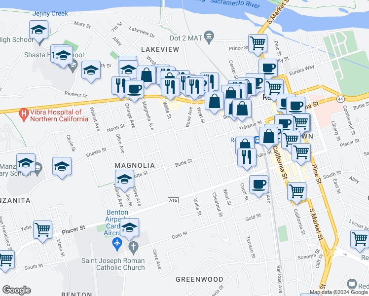 map of restaurants, bars, coffee shops, grocery stores, and more near 2106 Butte Street in Redding