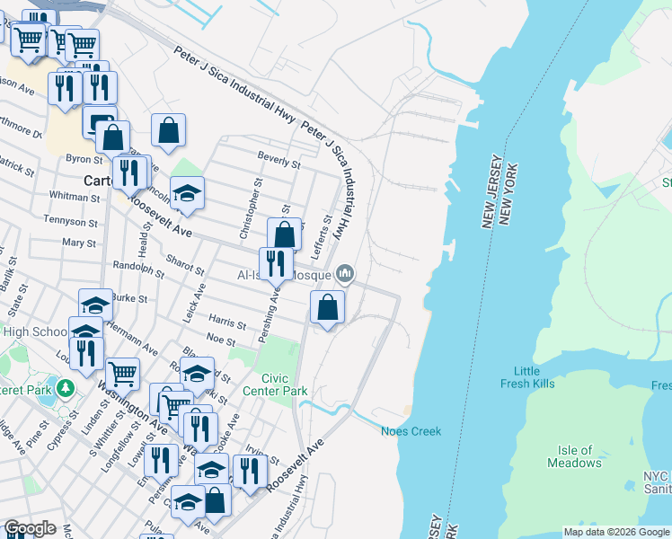 map of restaurants, bars, coffee shops, grocery stores, and more near 535 Roosevelt Avenue in Carteret