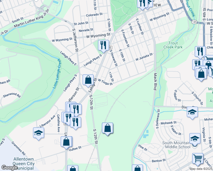 map of restaurants, bars, coffee shops, grocery stores, and more near 1401 South 12th Street in Allentown