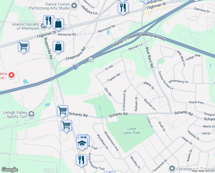 map of restaurants, bars, coffee shops, grocery stores, and more near 131 Elm Road in Allentown