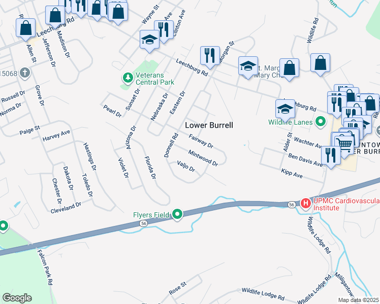 map of restaurants, bars, coffee shops, grocery stores, and more near 3032 Mintwood Drive in New Kensington