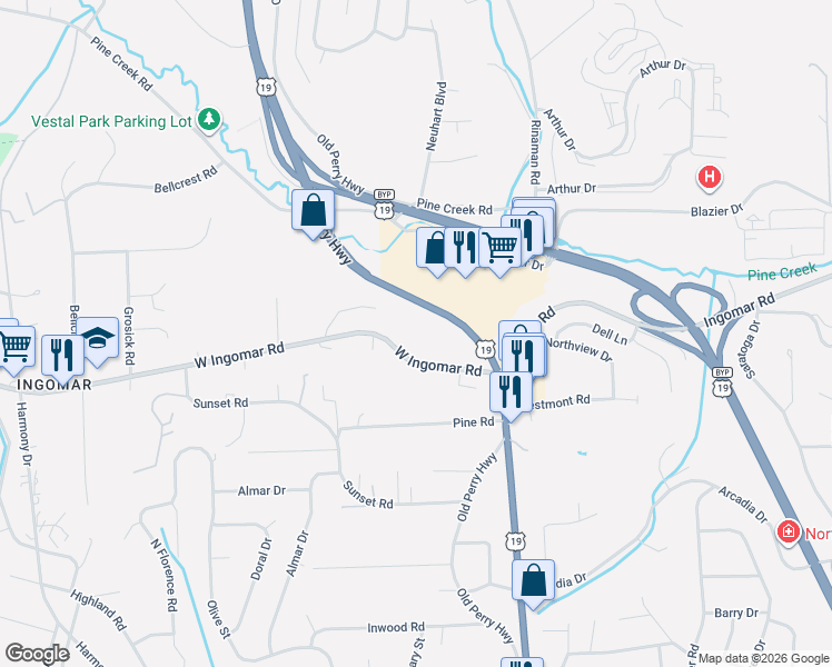 map of restaurants, bars, coffee shops, grocery stores, and more near 169 West Ingomar Road in Pittsburgh